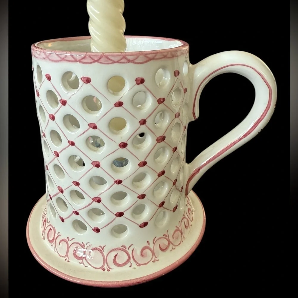 Hand-Painted Portuguese‎ Pottery Candle Holder - Pierced Design